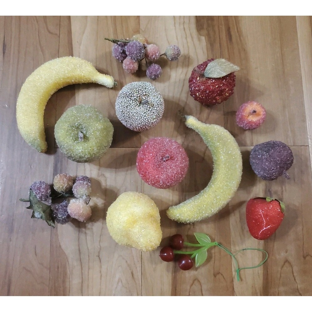 Lot Of Vintage Sugared Beaded Decorative Faux Fruit Apples Bananas Berries Plum